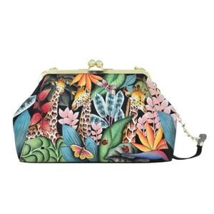 Anuschka Jungle Hand-Painted Leather Kiss Lock Clutch Crossbody Shoulder Purse